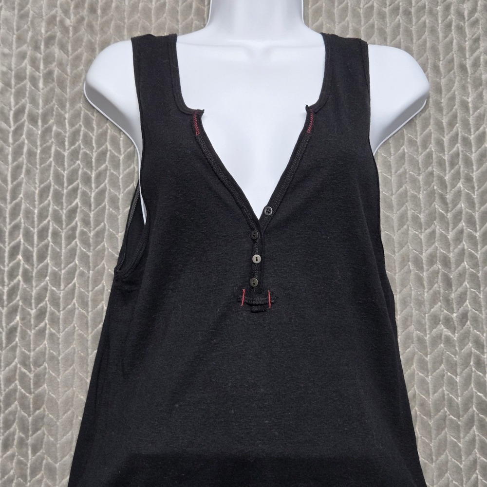 We The Free People Black Henley Tank Top Deep V-Neck Red Stitch Large OB758418